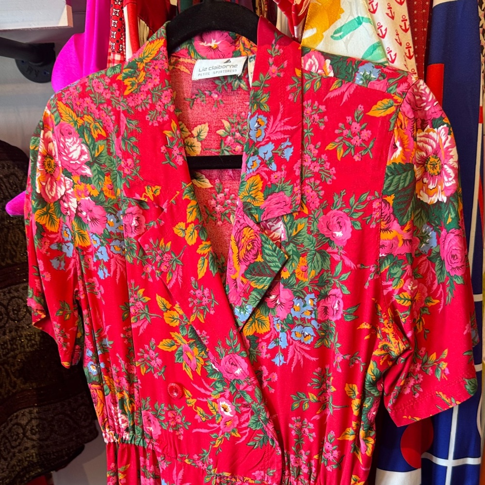 Vintage Liz Claiborne Red & Pink Floral Short Sleeve Romper - Picture 2 of 6